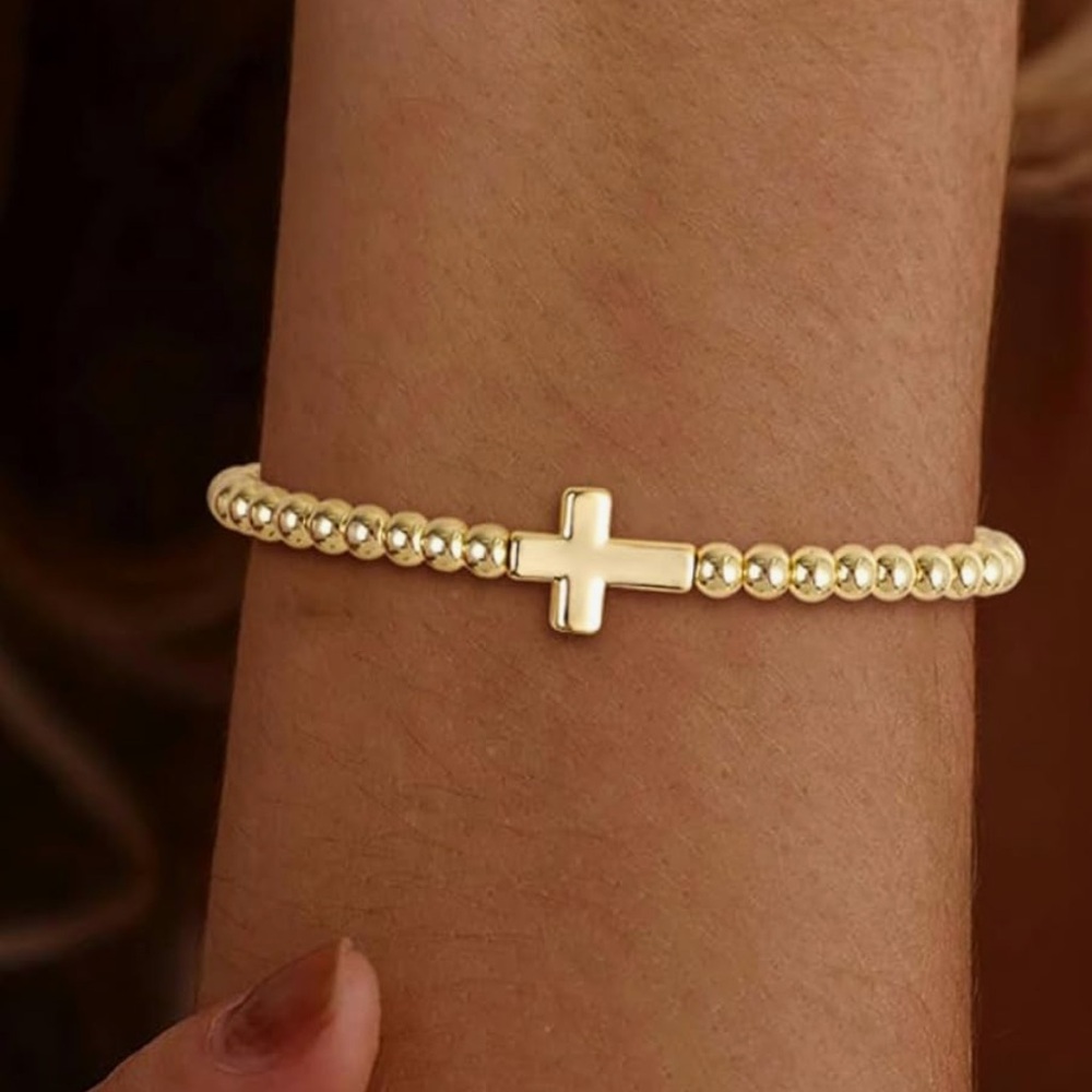 NEW 14K Gold Plated Cross Beaded Bracelet